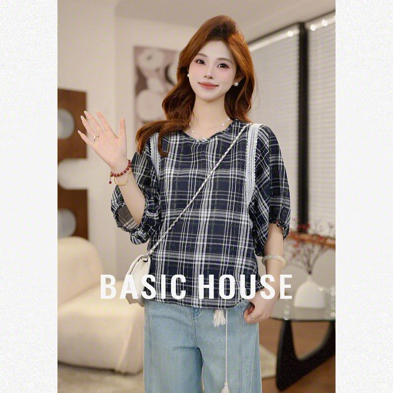 Basic House/百家好夏季新款圆领格纹泡泡袖时尚衬衫B1195B5S142