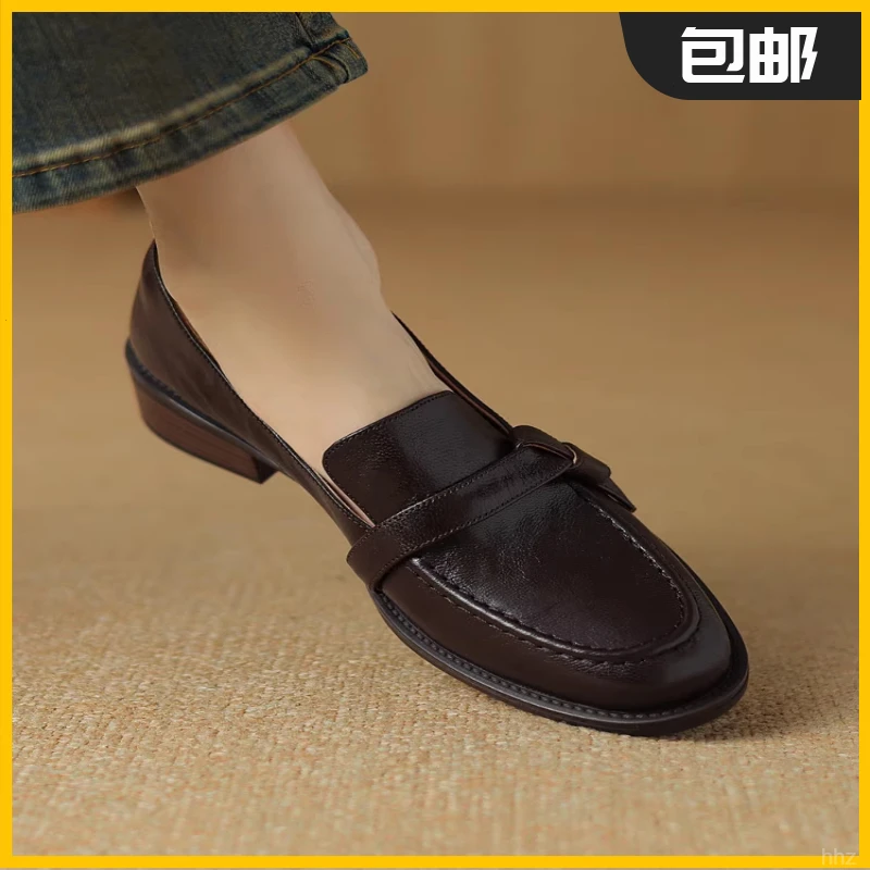 软羊皮法式粗跟乐福鞋女2025春季新款真皮英伦单鞋百搭棕色小皮鞋