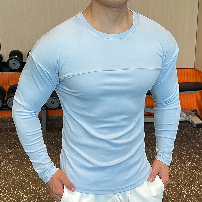 健身男士纯色秋季新款弹力跑步训练服修身高弹透气运动长袖T恤男