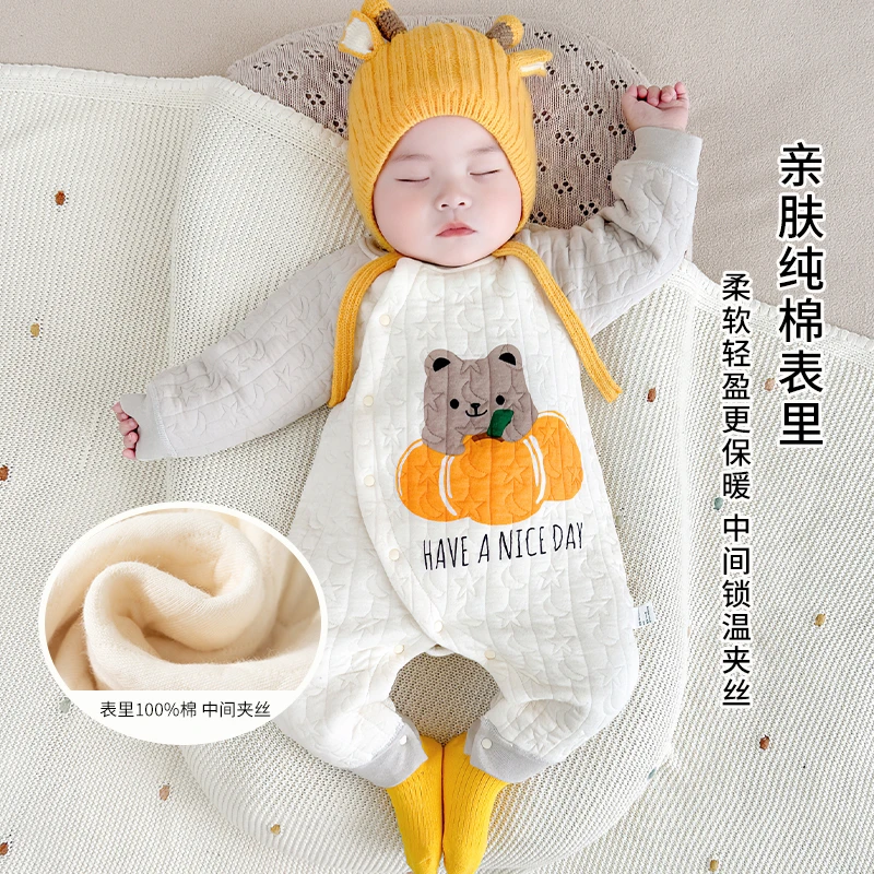秋冬新款三层保暖婴幼儿连体衣夹丝厚款偏开长袖爬服宝宝哈衣童装
