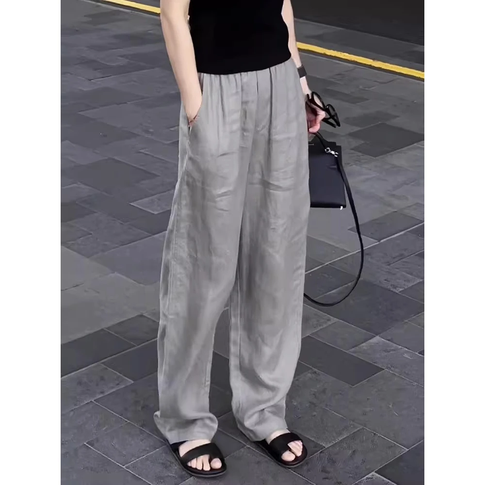 灰色天丝亚麻阔腿裤女夏季薄款松紧腰宽松慵懒松弛感显瘦休闲拖裤