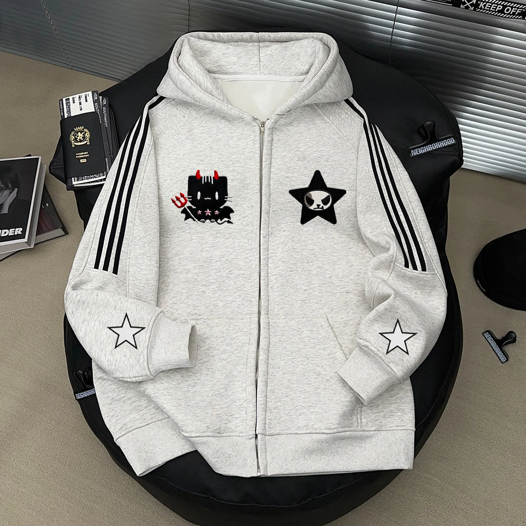 美式秋冬连帽开衫仿刺绣恶魔星星印花三条杠外套拉链情侣宽松卫衣