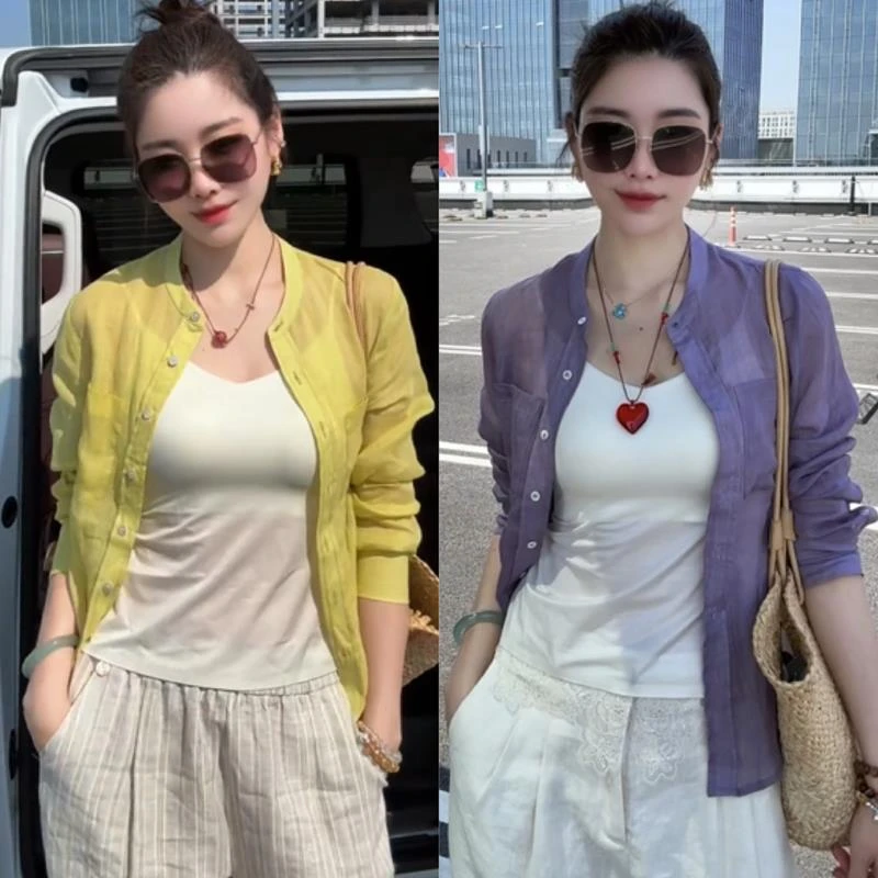 欧货时尚简约防晒长袖衬衫女春夏新款轻薄气质薄款开衫休闲上衣潮