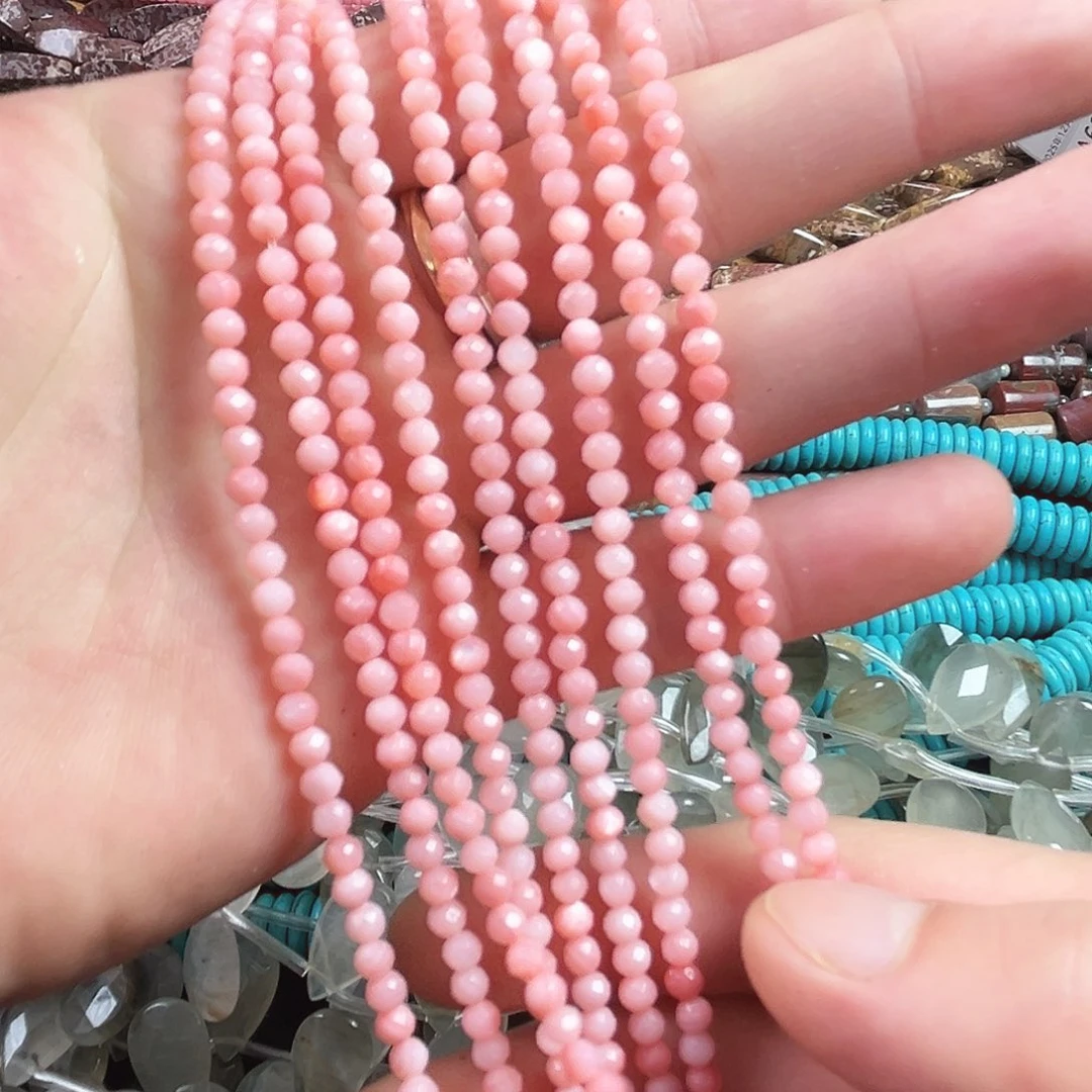 玛瑙/玉髓合金珠宝半成品A681，切面粉贝圆珠一条4mm