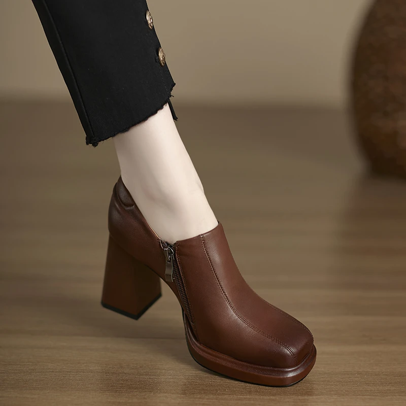 小个子手工女鞋8.4cm~法式高跟鞋2025春季深口单鞋方头粗跟小皮鞋