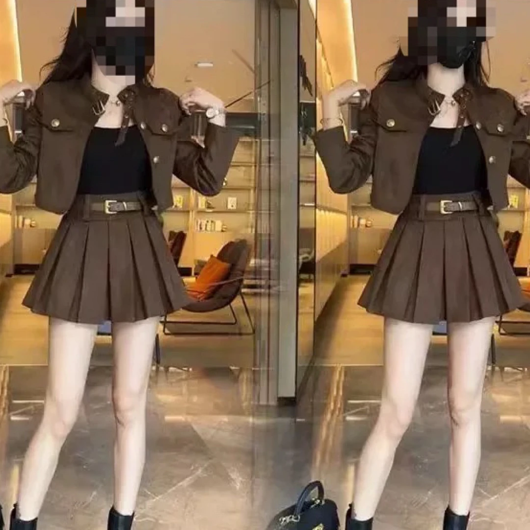 大码整套入秋穿搭新款英伦风夹克短款外套百褶短裙两件套3059