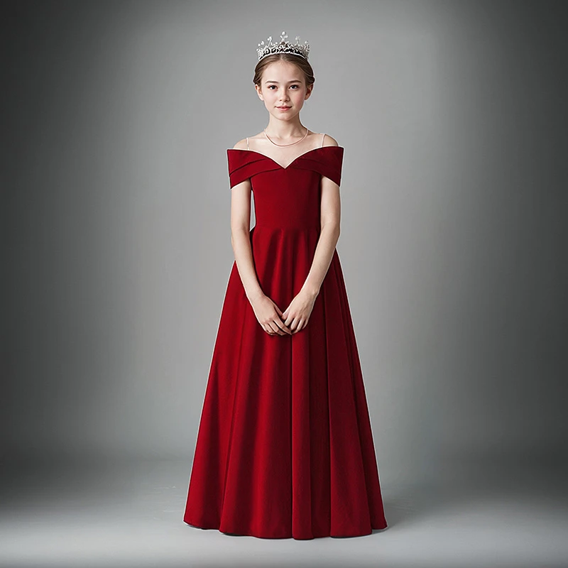 女童礼服高端一字肩修身生日公主裙小女孩小提琴钢琴红色礼服