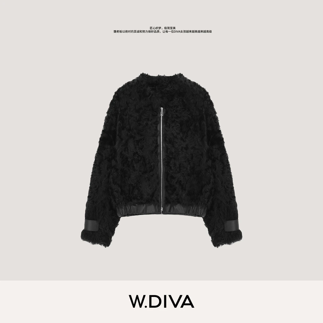 W.Diva【黑赫】黑色小湖羊皮草系列轻奢贵气皮毛一体外套4CDM102W0