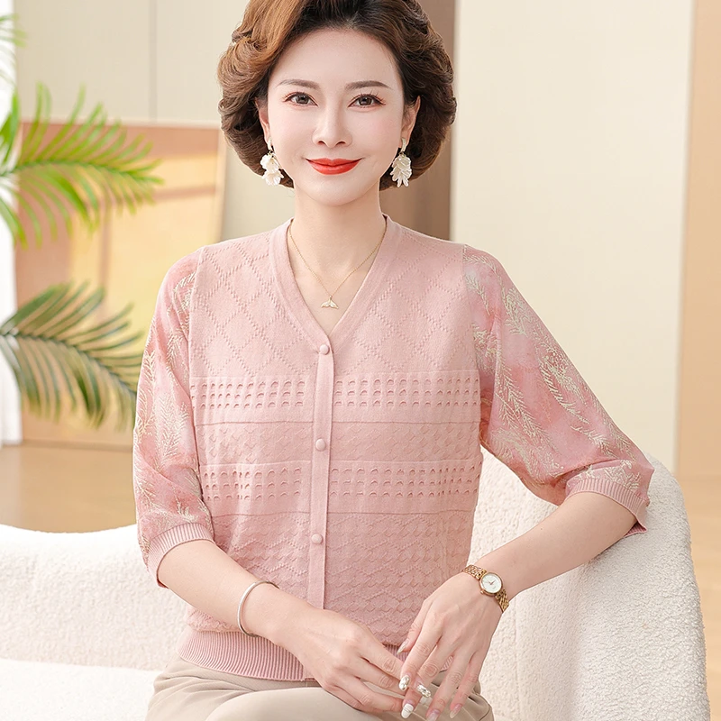 妈妈春装薄款纱袖冰丝T恤洋气上衣中老年女夏季中袖针织打底小衫