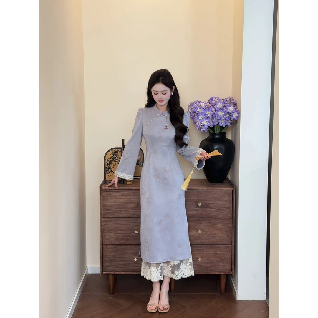 【烟雨江南】<77>新中式蝴蝶刺绣蕾丝拼接旗袍连衣裙XMZH9210