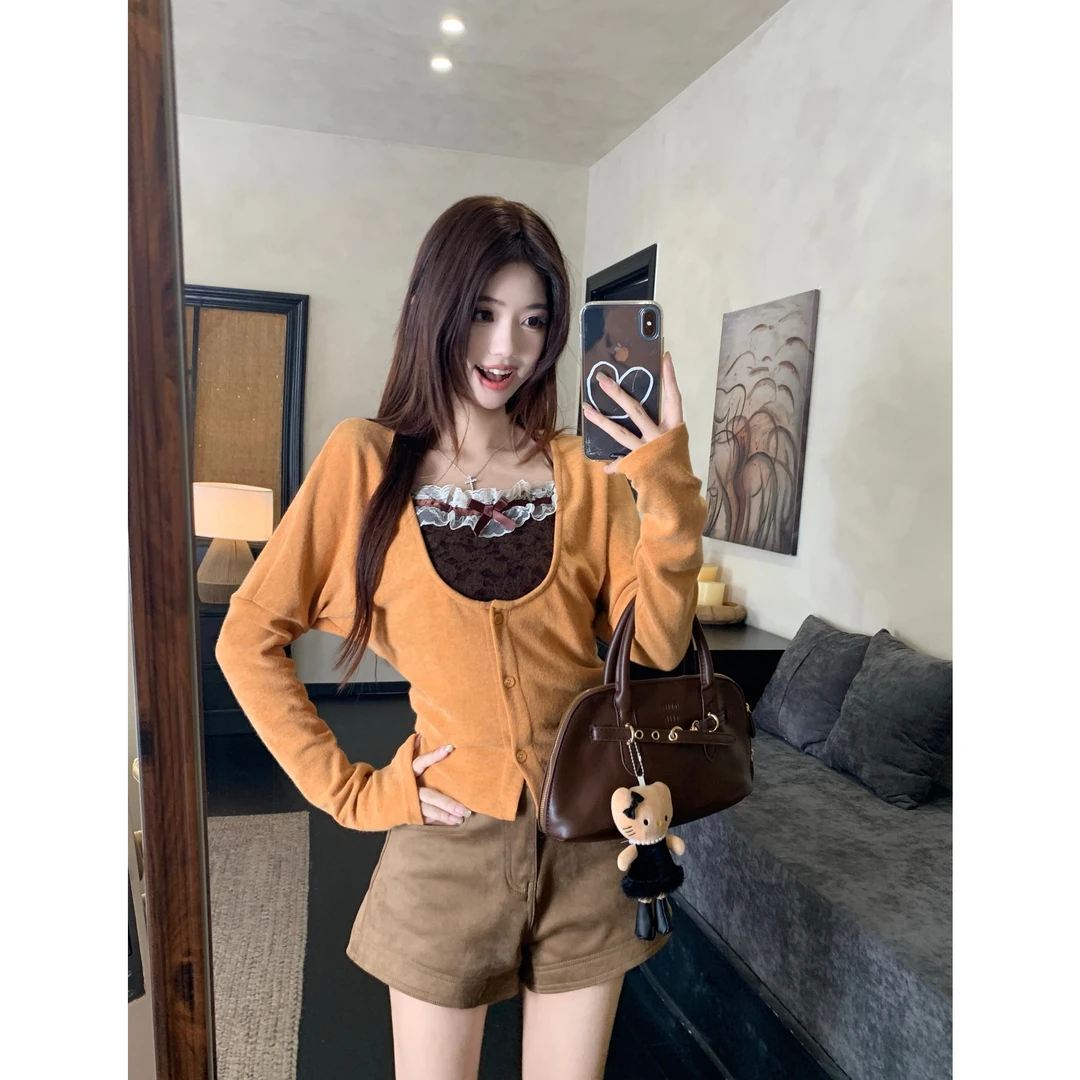 2025秋季新款纯欲风性感设计高级蕾丝背心吊带长袖T恤时尚套装女