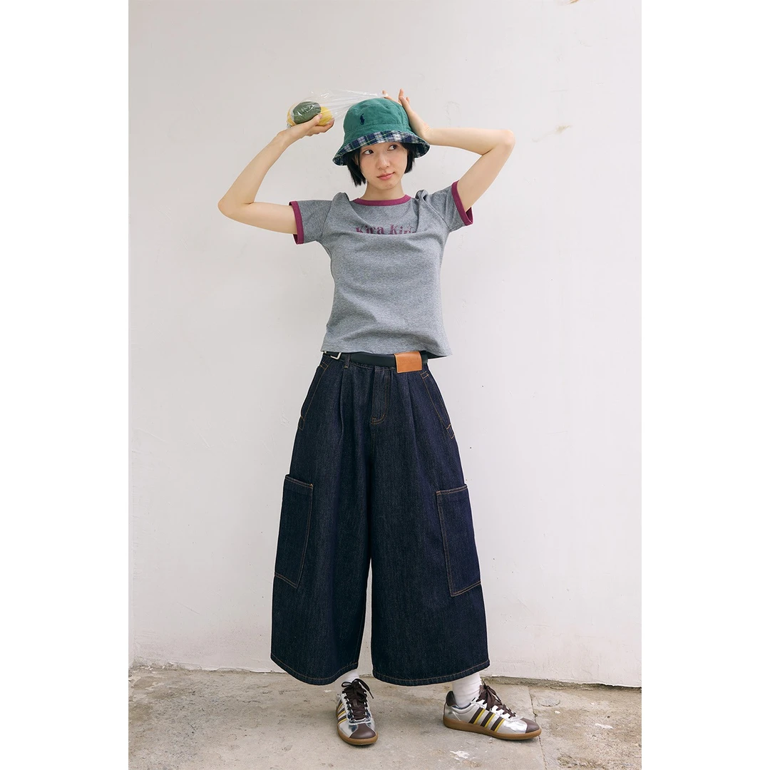 鹿与飞鸟“KiraKira”170g雪花亚麻料正肩短款字母印撞色T恤6748