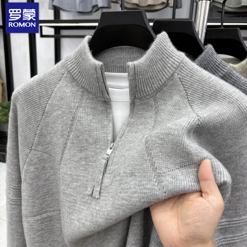 罗蒙男士秋冬季半高拉链针织毛衣复古提花针织衫纯色百搭休闲毛衣