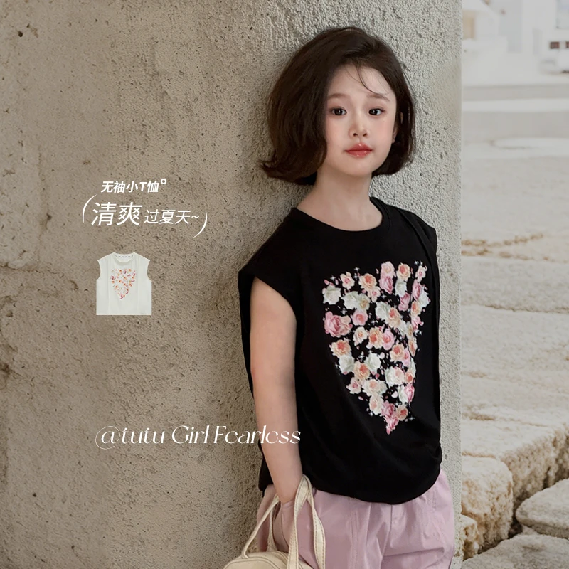 图图小象童装女童T恤短袖2025夏季新款甜酷无袖背心T恤GBXT284