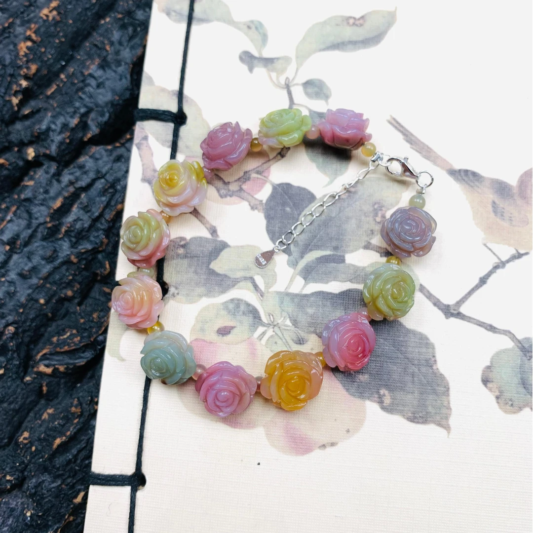 老矿原矿天然七彩盐源玛瑙俏仙色立体花花手串