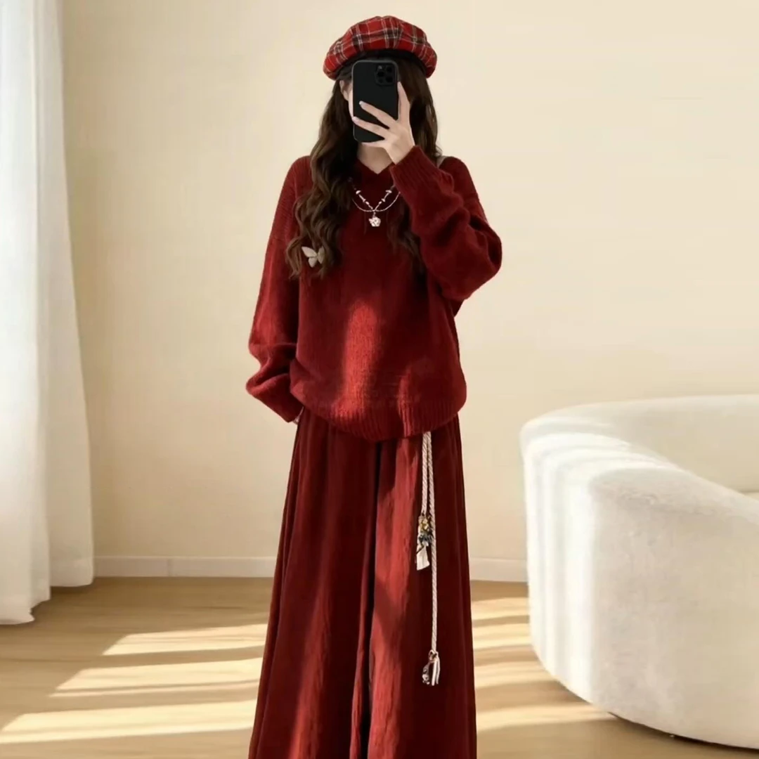 圣诞穿搭红色毛衣连衣裙女秋冬2025新款长裙套装巨好看穿搭一整套
