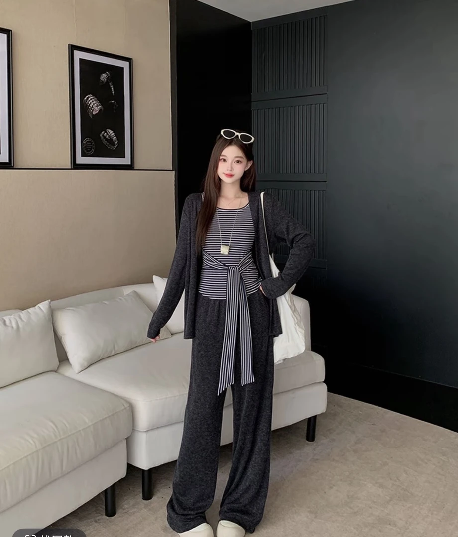 大码梦姐*慵懒开衫+条纹背心＋垂感阔腿裤三件套