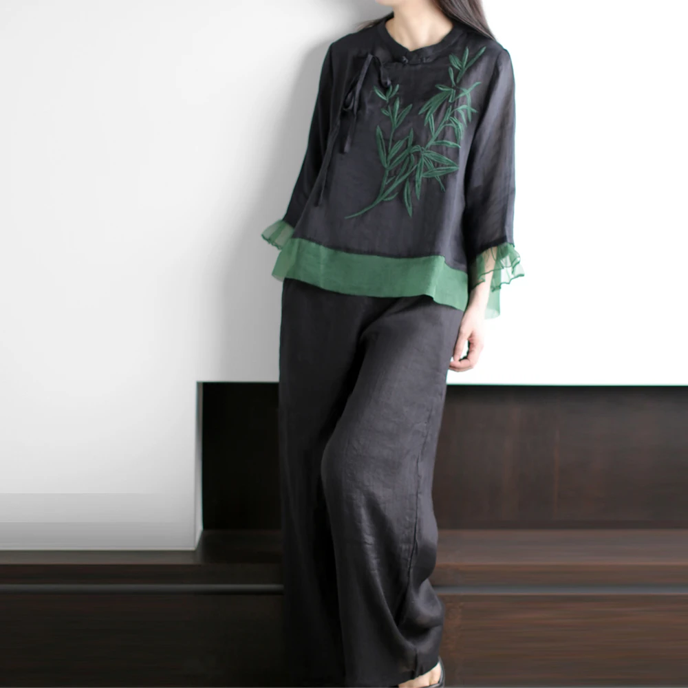 【白雪.荐选】苎麻竹林刺绣圆领中式设计款宽松百搭拼接套装C510