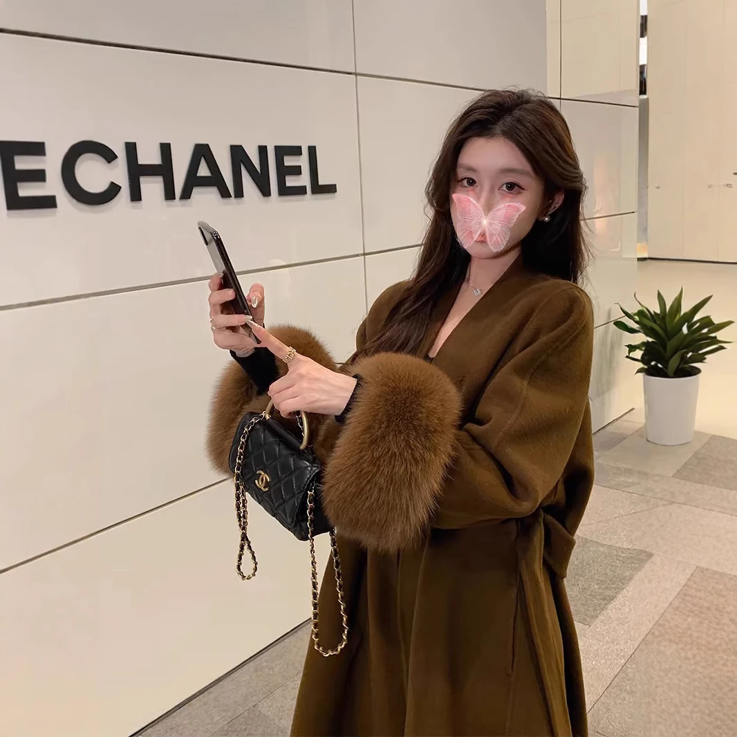 mengzhu专用 双面羊绒大衣狐狸毛浴袍长款高级感女装羊毛呢外套