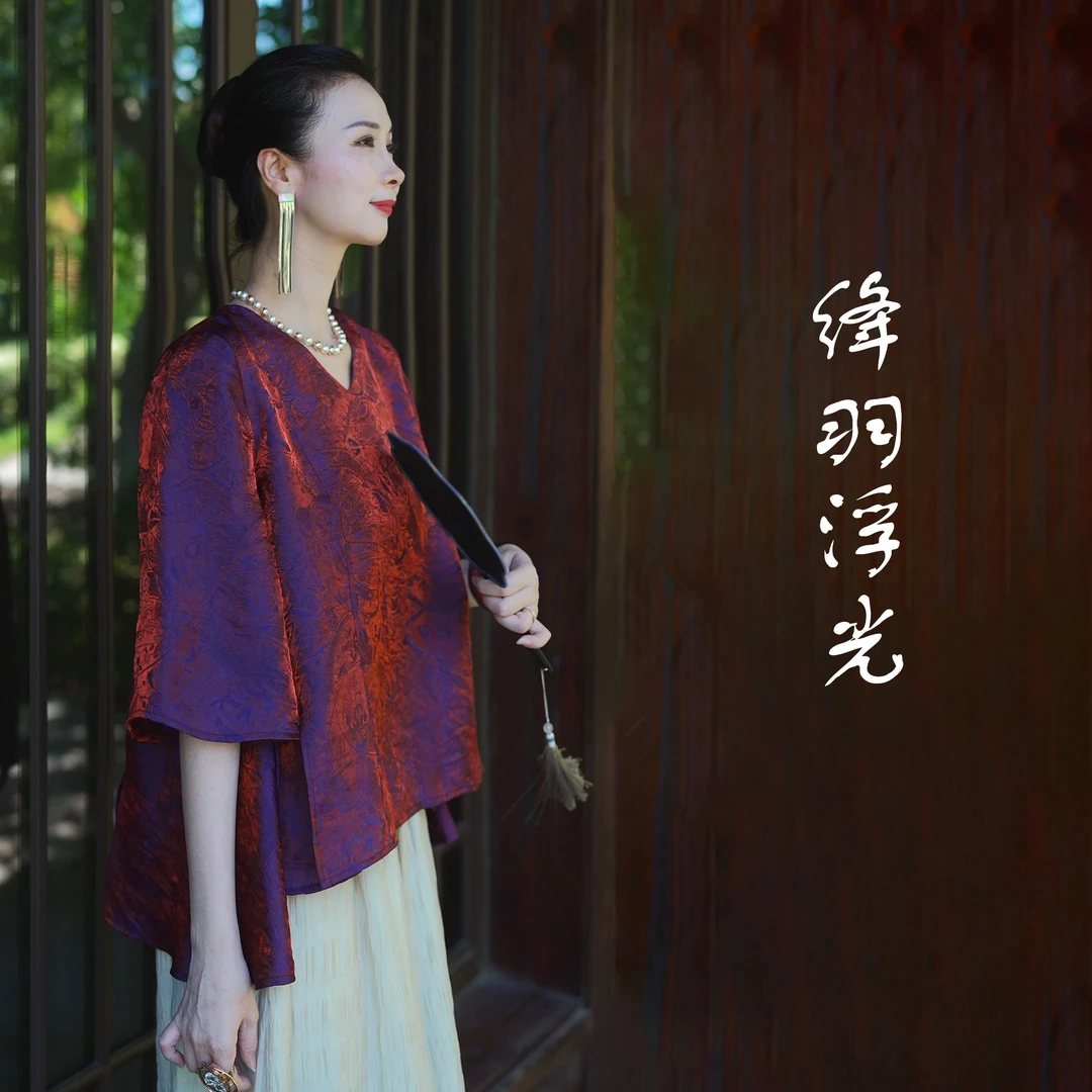 花萝人丝《绛羽浮光》女士精致百搭中袖夏季宽松显瘦上衣XD0701