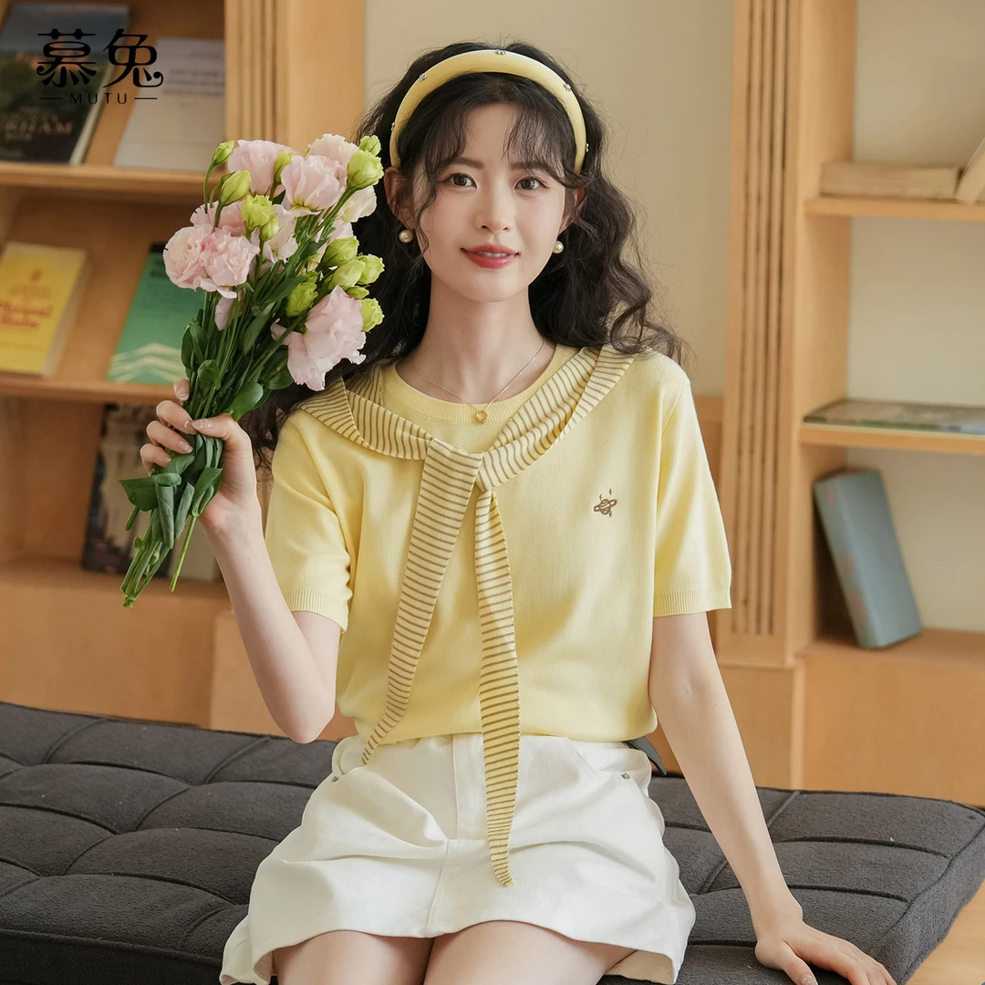 慕兔韩系洋气别致带披肩短袖t恤女2025夏季新款小个子针织衫上衣