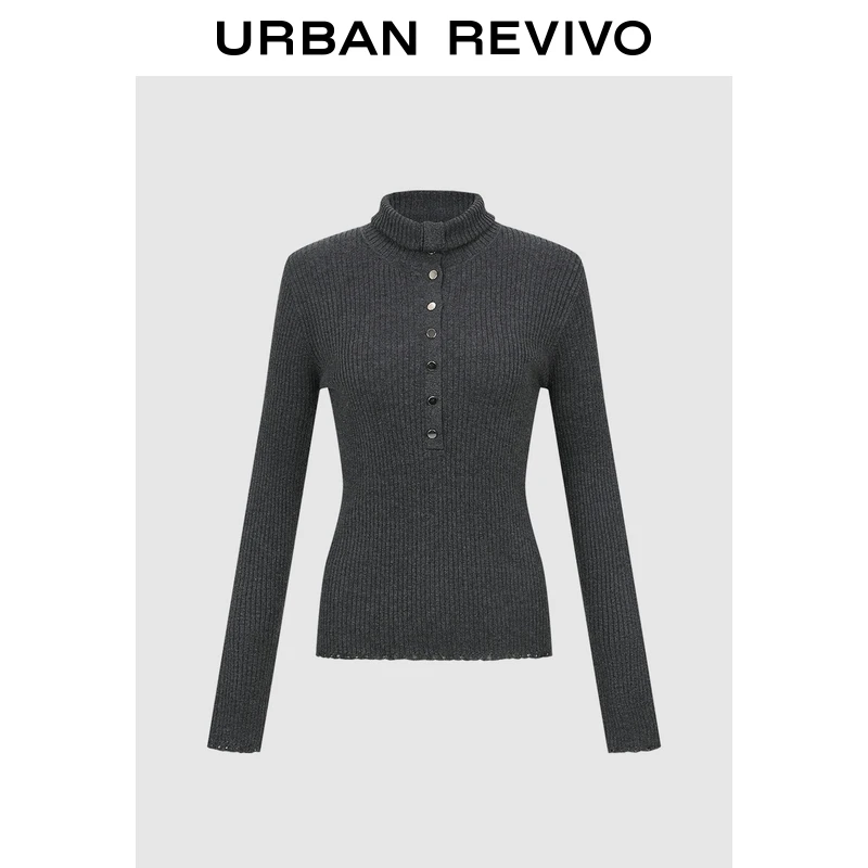 UR2025冬季新款女装气质肌理感立领亮丝花边针织衫UWM950133