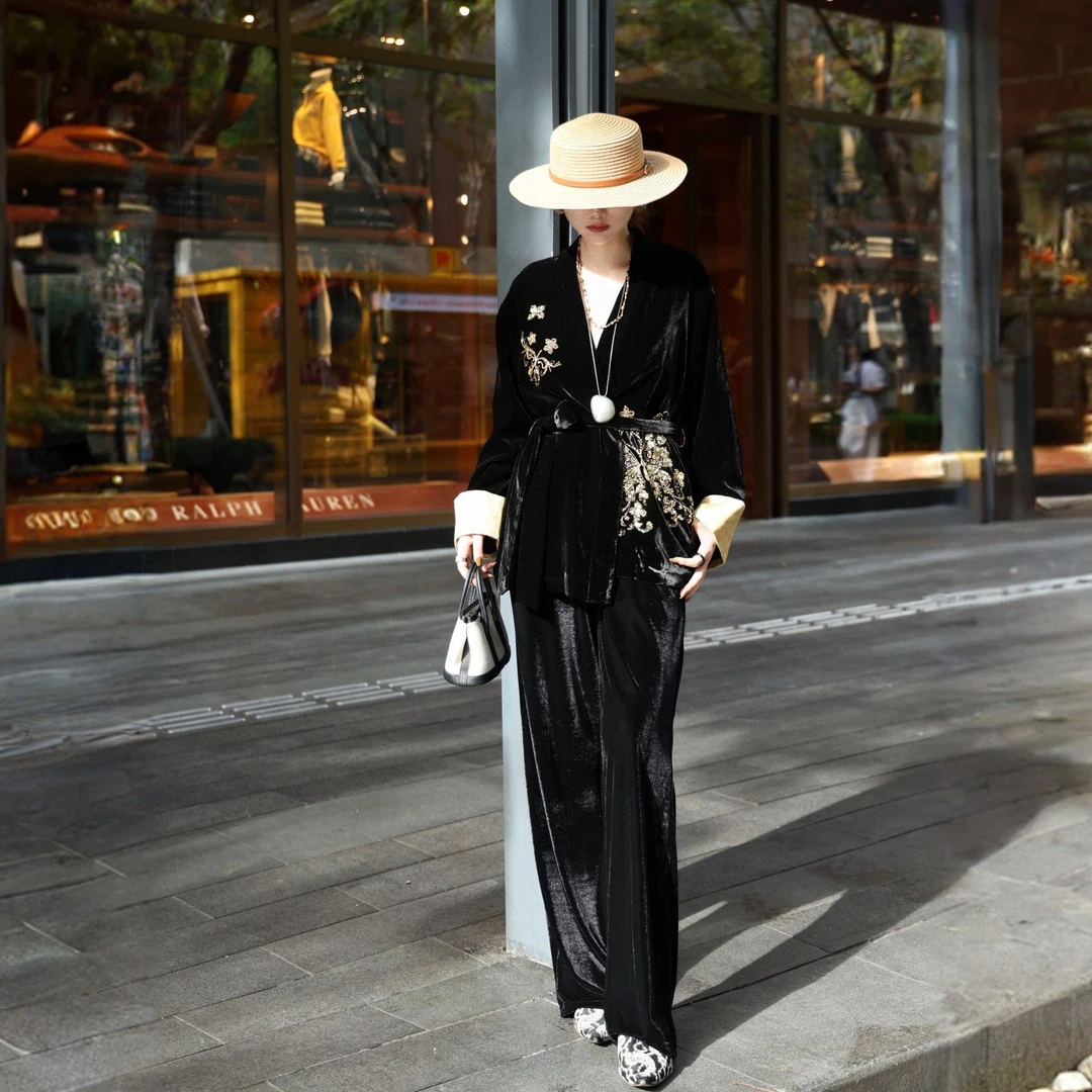 【金蝶起舞】重工钉珠丝绒系腰带外套宽松秋冬清冷系禅意衣服女黑色