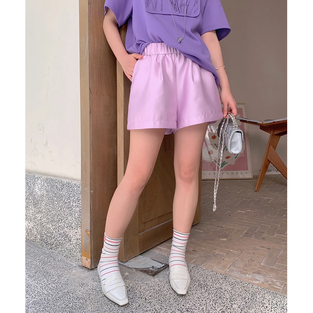 晶咕白标~真泰酷辣~特殊面料松紧腰短裤高腰显瘦时尚休闲裤潮阔腿