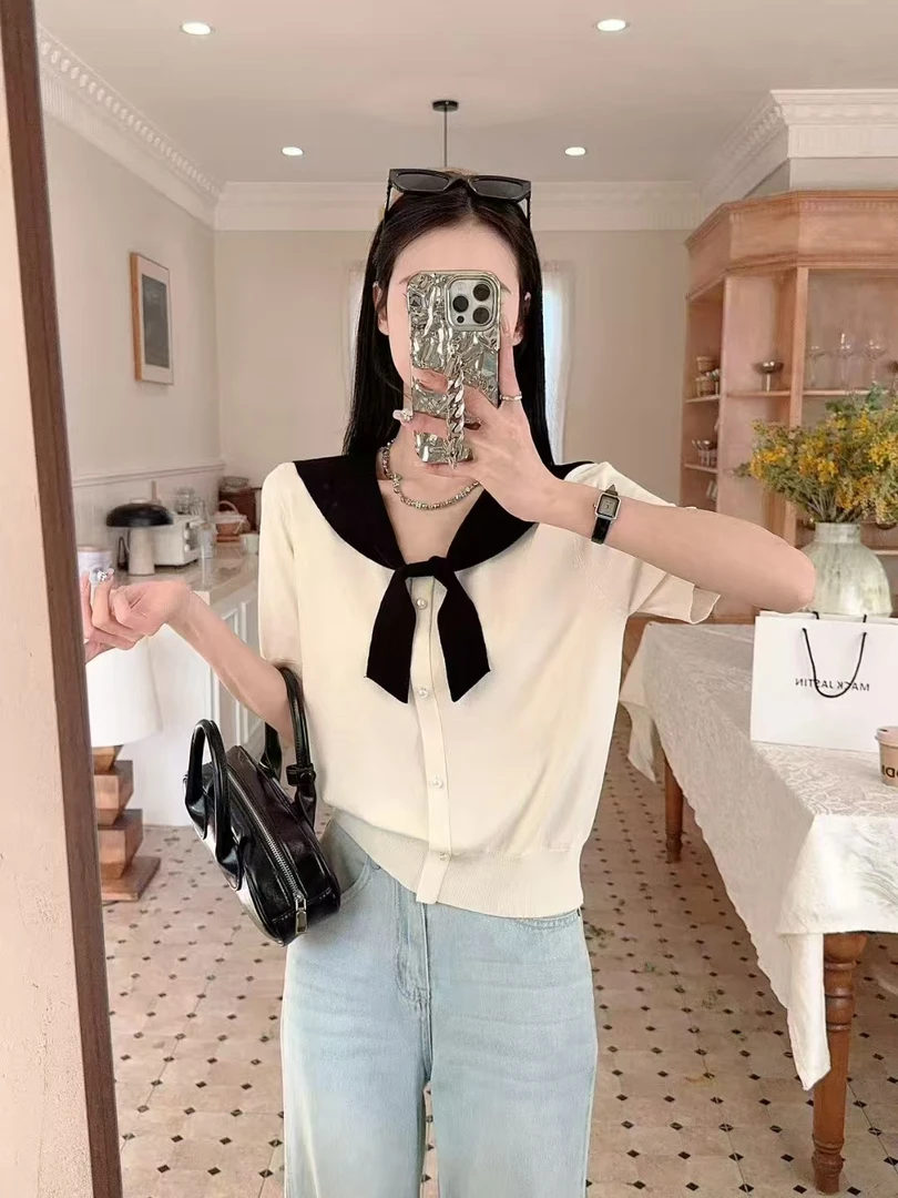 短袖新款海军领上衣冰丝针织衫女温柔风简约大方千金通勤女款