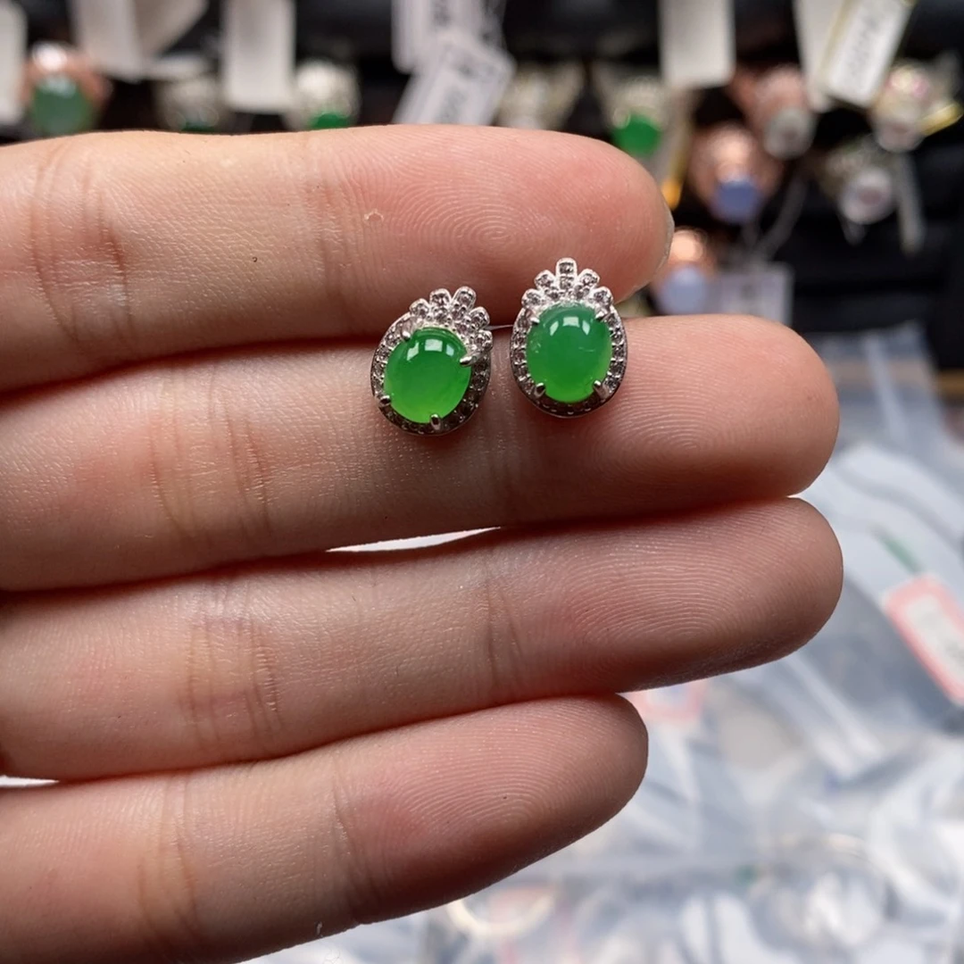 翡翠耳饰银S925镶嵌天然缅甸翡翠a货