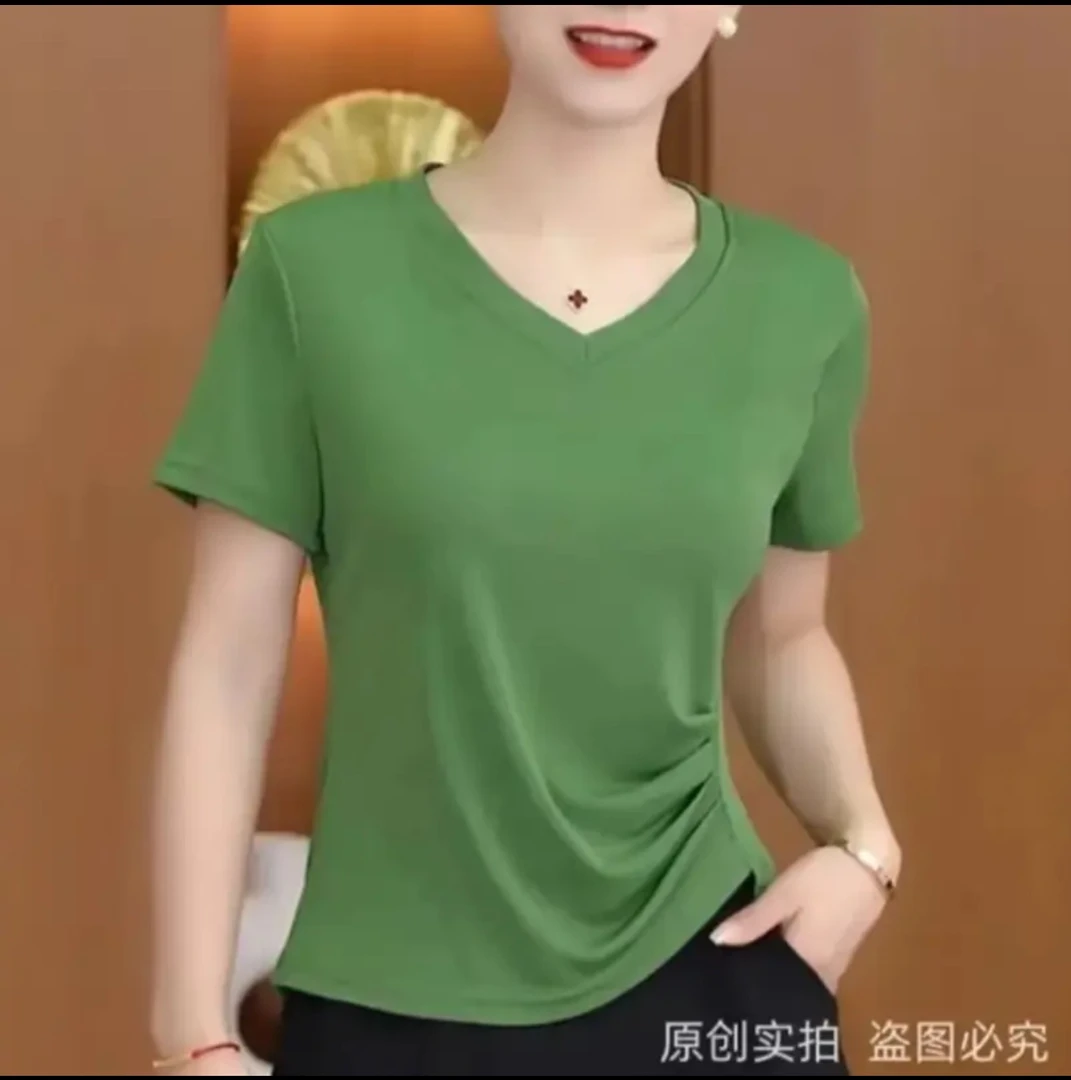 2025新款爆款女短袖T恤显瘦气质修身时尚夏季不规则V领上衣遮肚子