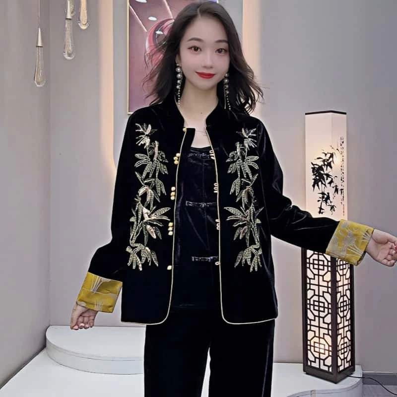 单件外套手工刺绣钻新中式国风盘滚边拼色袖口带里衬气质#马5613
