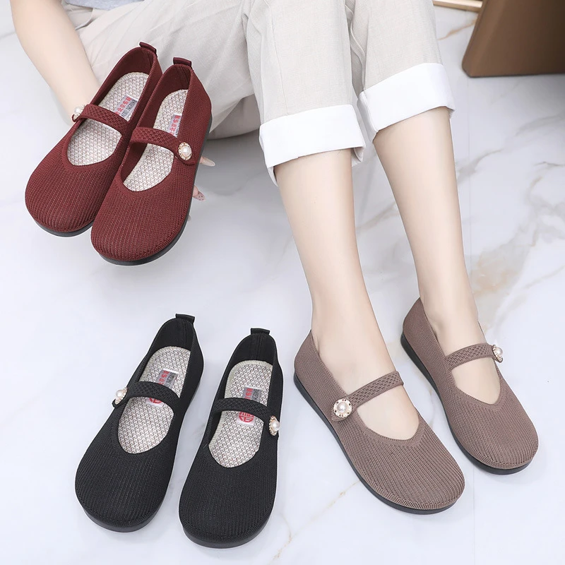 2025新款浅口透气飞织面女单鞋老北京布鞋女工作鞋舒适软底妈妈鞋