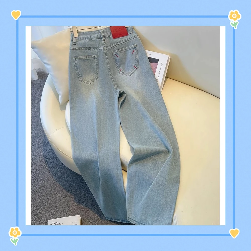 冰川蓝宽松阔腿直筒秋季休闲牛仔裤新款高街设计感男潮牌裤子男女