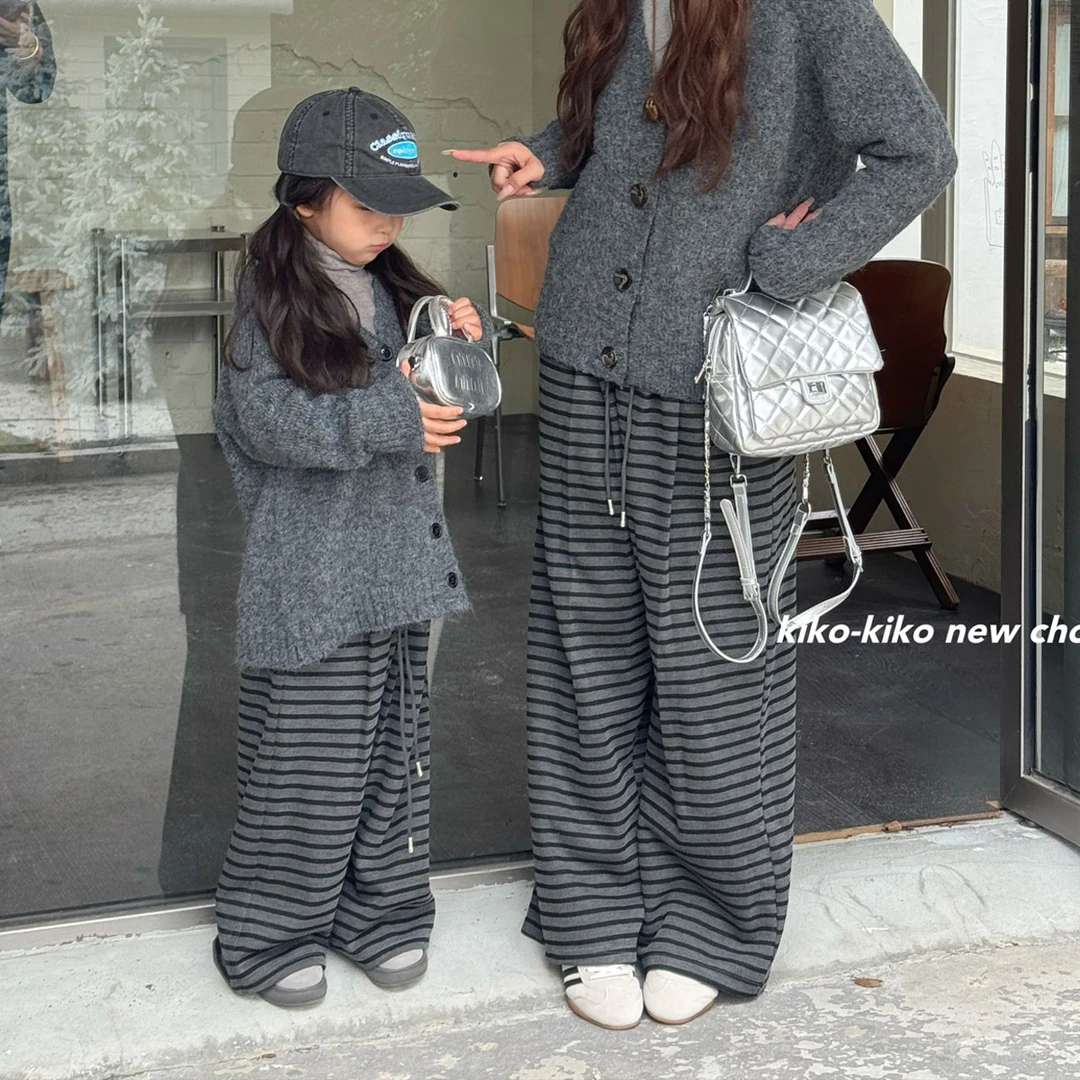 【亲子款】女童条纹针织阔腿裤抽绳垂感慵懒风直筒拖地裤Ki-1034