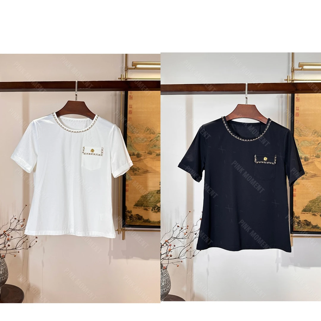 PM王囡囡 黑/白口袋金扣线条圆领短袖T恤 ND1B0875