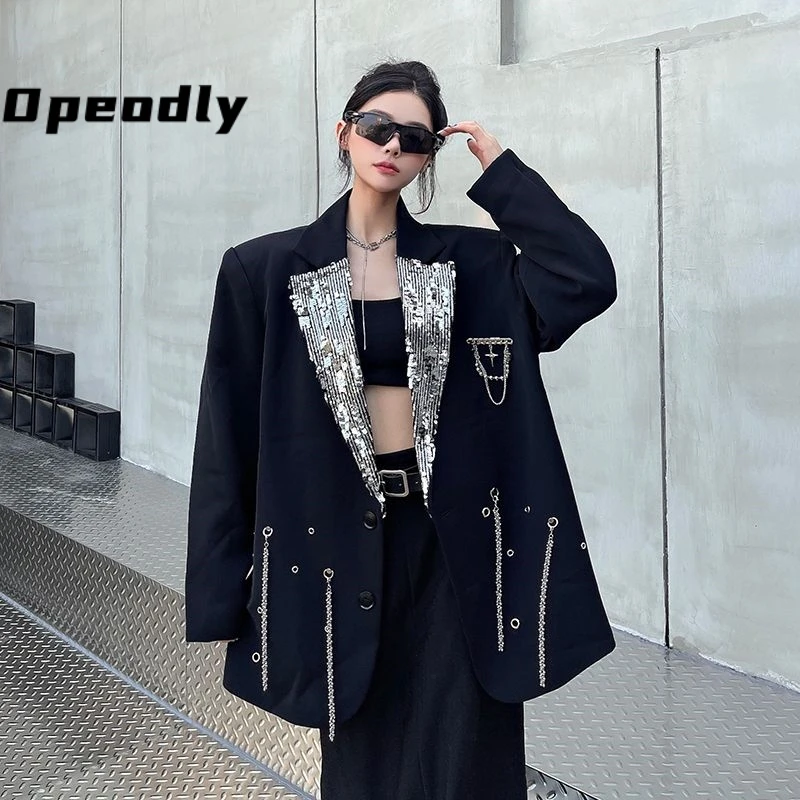 Opeodly金属链条重工西装外套女春秋新款宽松垫肩拼接亮片西服潮