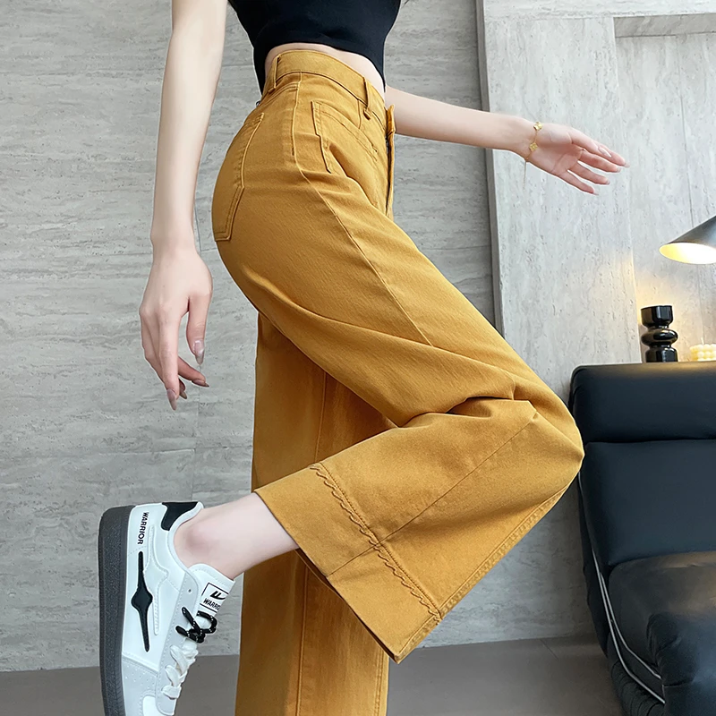 姜黄色法棍牛仔裤女2025夏季刺绣拼接裤中线小个子八分九分烟管裤