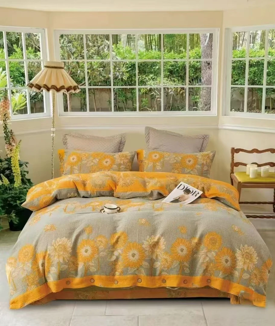 【新宽边纽扣四件套】全棉色织提花双层纱四件套/千鸟格柔软亲肤