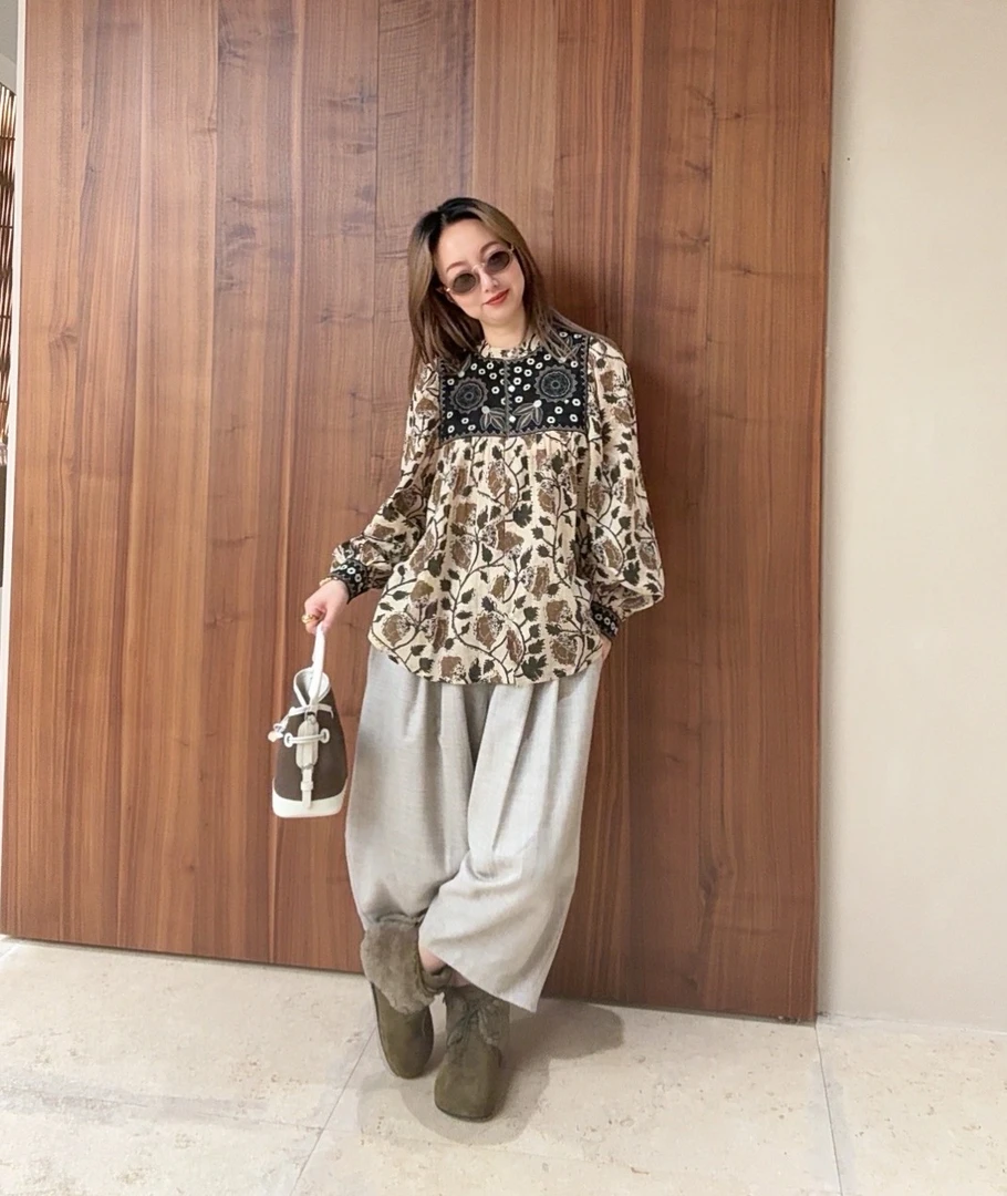 MAISON HOTEL 复古黑黄咖碎花长袖衬衫