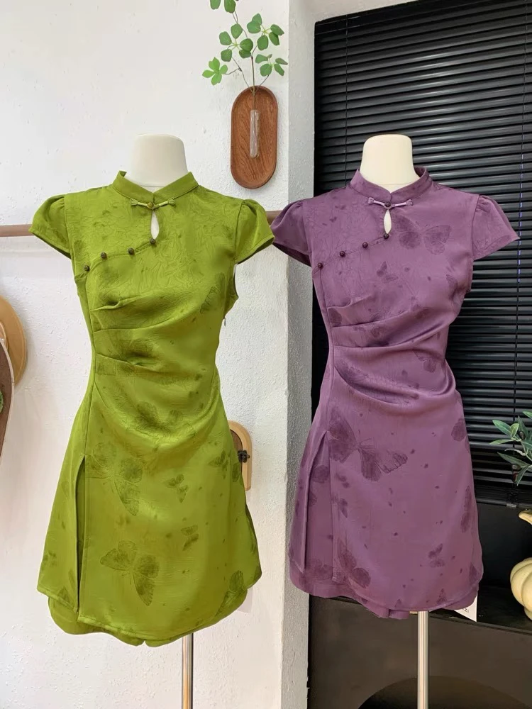 新中式国风立领盘扣收腰褶皱遮肉显瘦短袖短裤套装