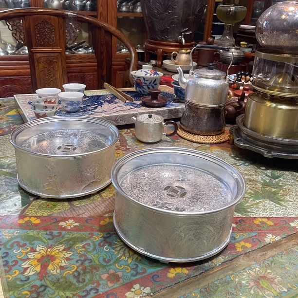 铜包银壶承 茶盘全手工立体堑刻荷花，兰花图案尺寸16.8x8厘米