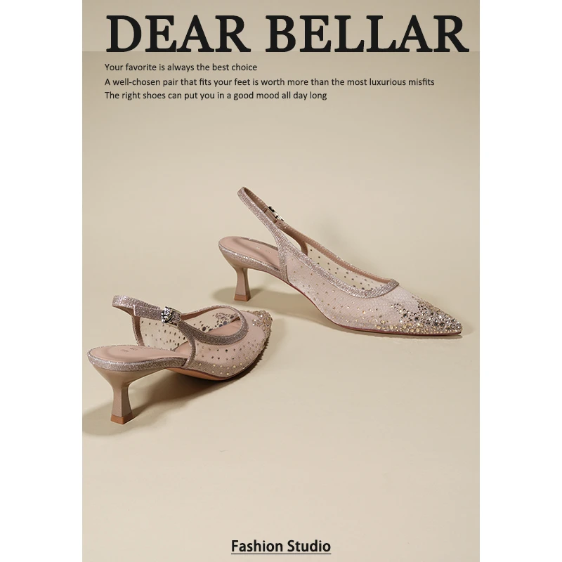 绝美轻奢水钻尖头网面包头凉鞋女夏季低跟不累脚气质百搭高跟鞋