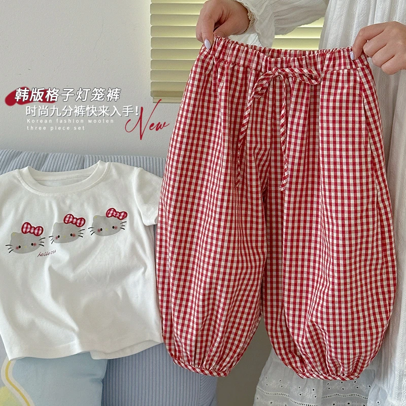 【橘子家】女童红格子休闲裤HS62298儿童百搭短袖T恤HS62255