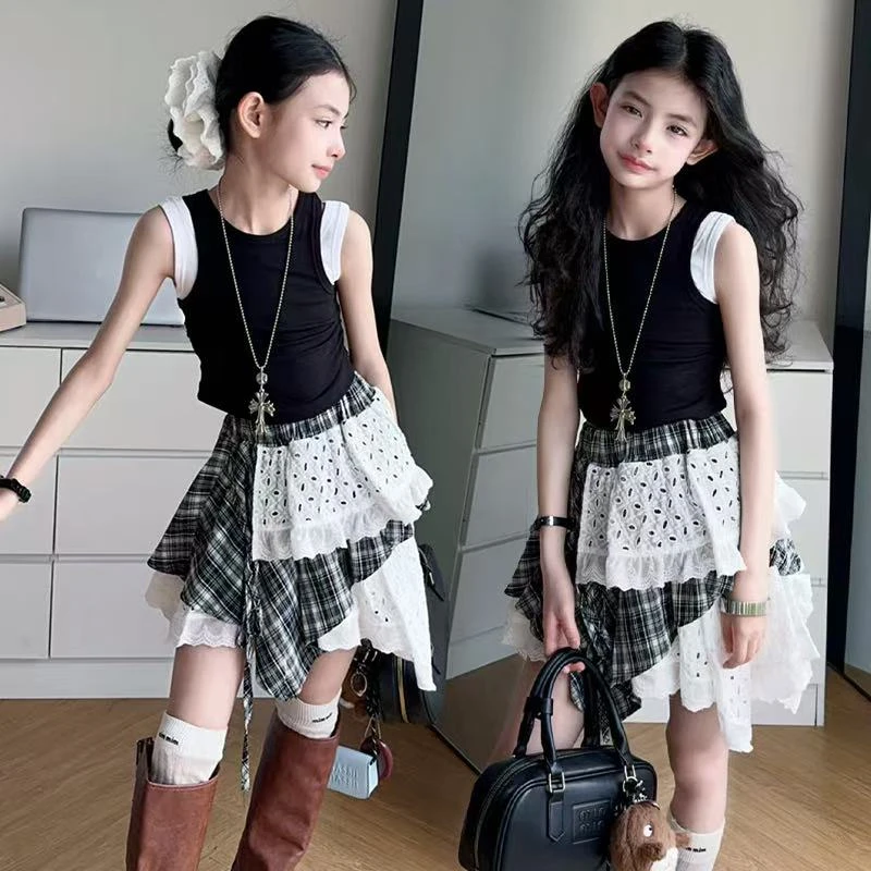 女童不规则蕾丝拼接格子系带半身裙春季2025设计感小众套装