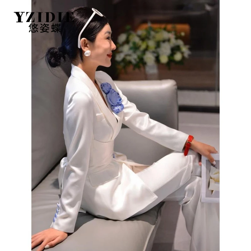 2025春秋新款设计感小众白色醋酸西装套装女修身正装两件套