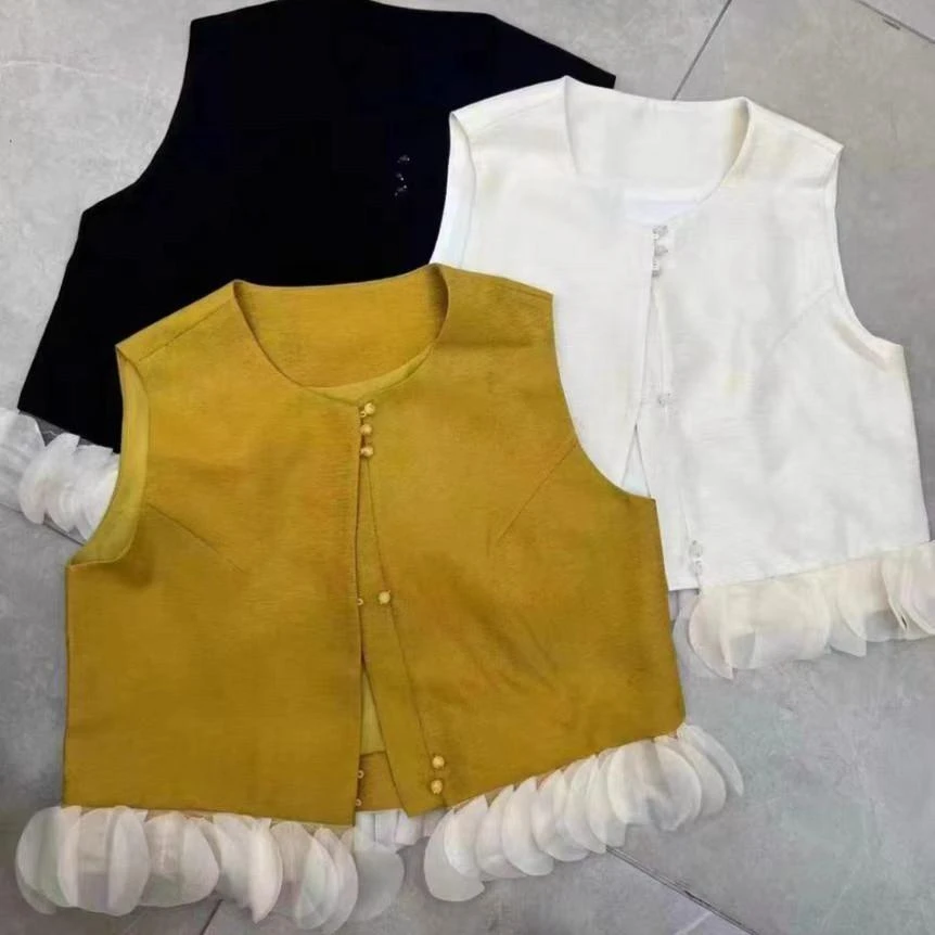 【柚子同款】ZJ夏季花边下摆麻料小扣开衫9062