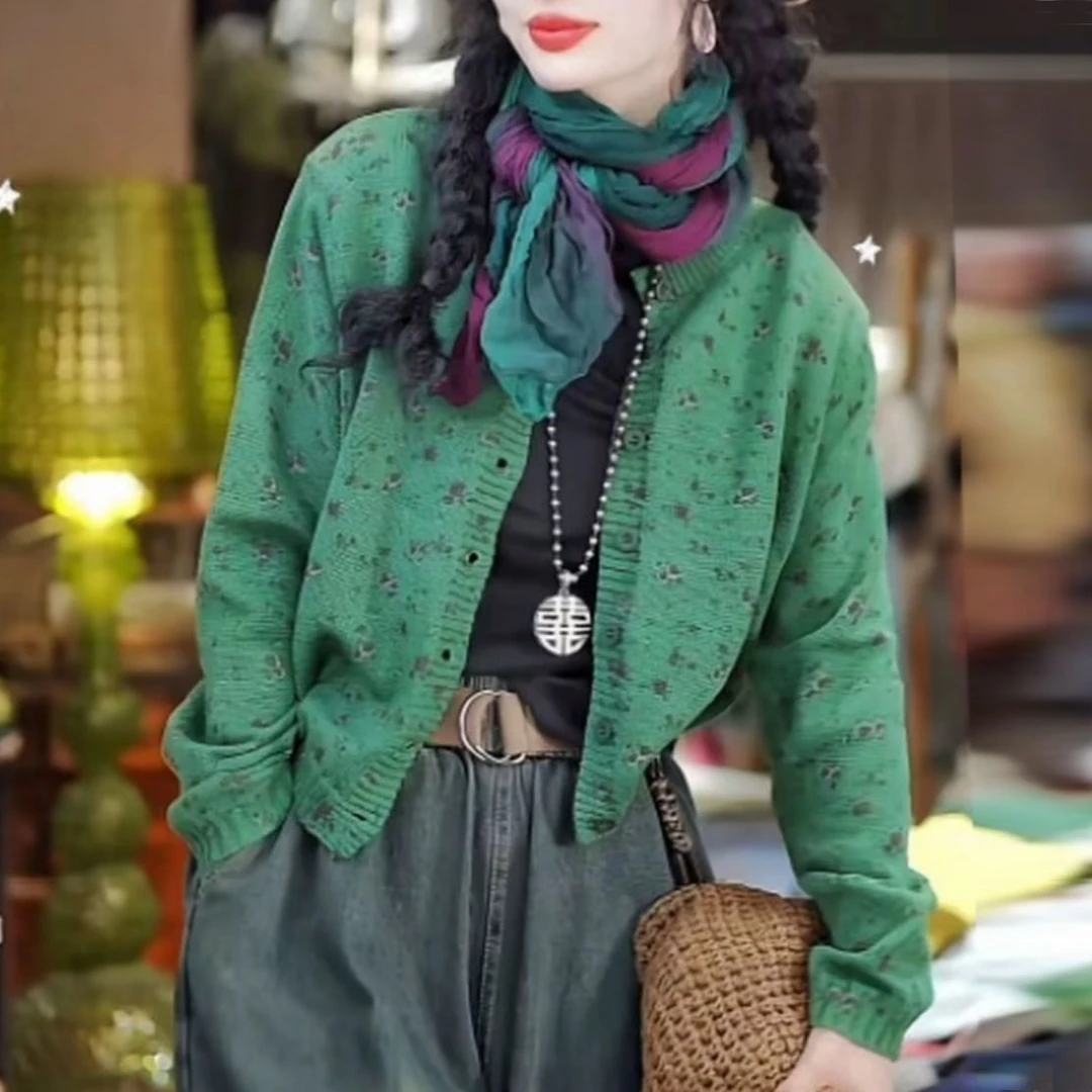 春季复古印花气质高级长袖百搭舒适圆领毛针织衫圆领碎花休闲开衫