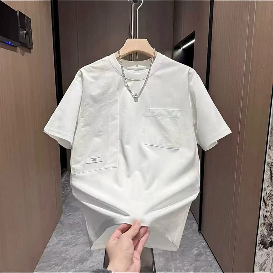 夏季新款圆领印花男士半袖口袋纯色T恤短袖休闲成夏季拼接上衣