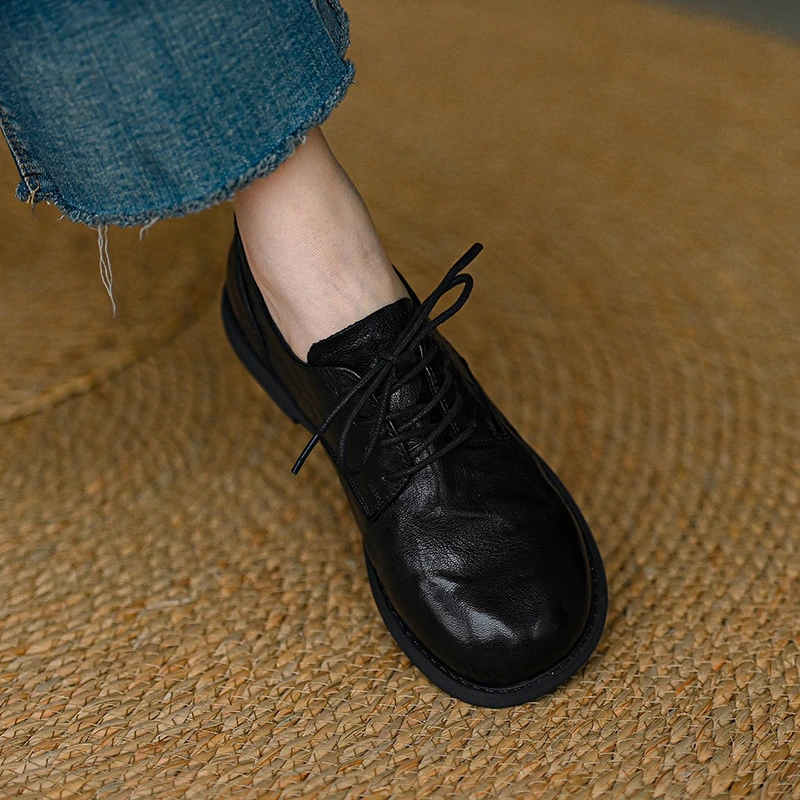 黑色真皮圆头平底单鞋女新款深口大头皮鞋乐福女鞋子